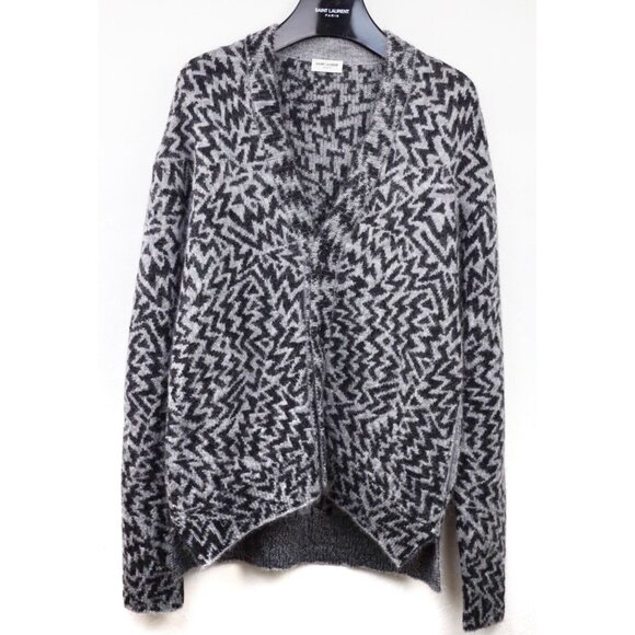 NWT Saint Laurent Geometric-jacquard Wool-blend Cardigan In Grey Size S - Picture 2 of 11